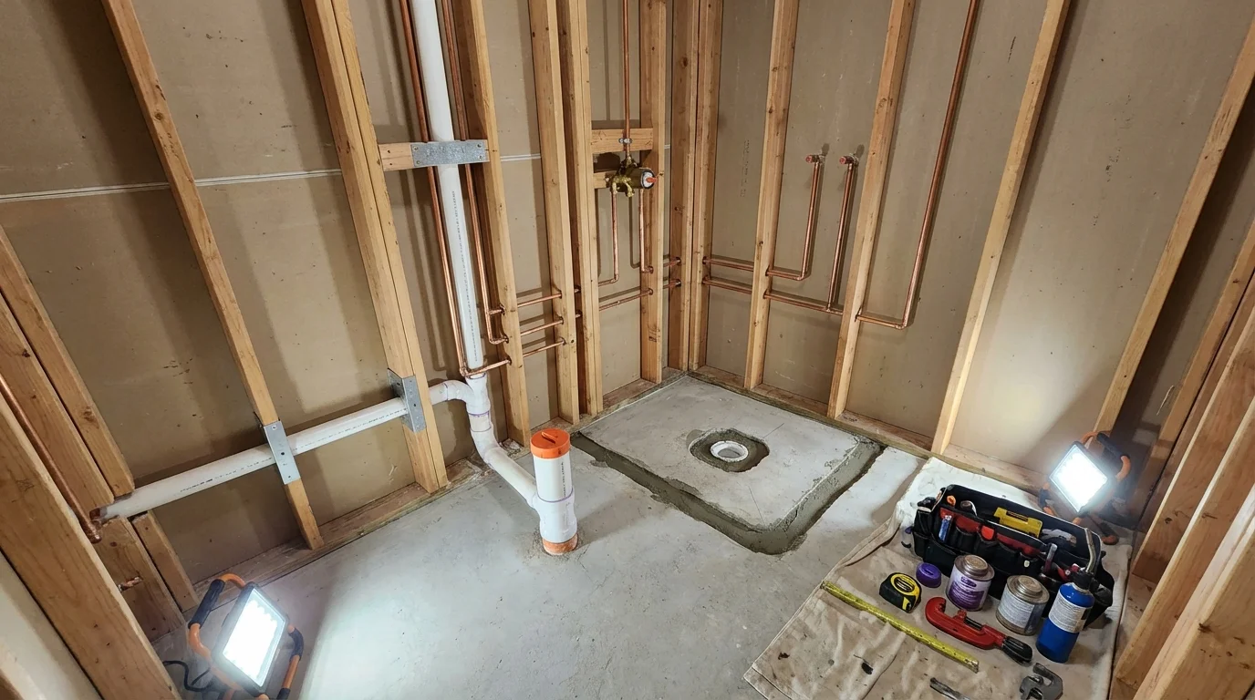 Bathroom rough-in plumbing during remodel by Johns Plumbing LLC in Bealeton