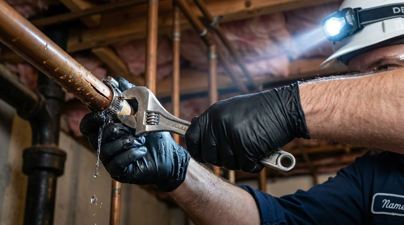 Emergency pipe clamp repair being performed by a Johns Plumbing LLC plumber in Bealeton
